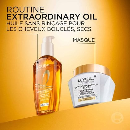La routine L'Oréal Paris Extraordinary Oil pour cheveux fins et secs sur un fond doré, affichant la bouteille d'huile sans rinçage à gauche et le pot de masque léger à l'huile à droite.