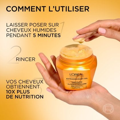 Des mains tenant le pot de masque doré et prélevant de la crème jaune lisse. À gauche, les étapes d'utilisation indiquent : « Mode d'emploi : 1. Appliquer sur cheveux mouillés pendant 3 minutes, 2. Rincer, les résultats de 3 h de nutrition en 3 minutes ».