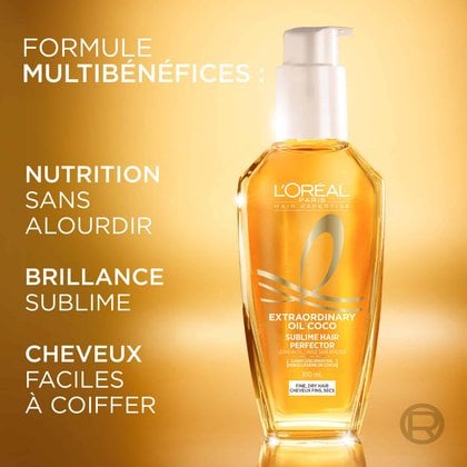 Un plan rapproché du flacon doré de L'Oréal Paris Huile Extraordinaire. À gauche, un texte blanc décrit la « Formule multi-usages : Nutrition en toute légèreté, brillance sublime, maniabilité parfaite ».