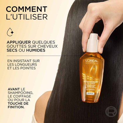 Une main tenant le flacon de L'Oréal Paris Huile Extraordinaire contre des cheveux foncés, lisses et brillants. À gauche, un guide d'utilisation indique « Appliquer quelques gouttes sur cheveux humides ou secs, insister sur les longueurs et les pointes, avant le coiffage ou en touche finale ».