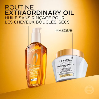 La routine L'Oréal Paris Huile Extraordinaire présentant le flacon d'huile sans rinçage doré à côté d'un pot de masque capillaire blanc et doré. L'en-tête indique « Routine Extraordinary Oil : Huile sans rinçage pour cheveux fins et secs ».