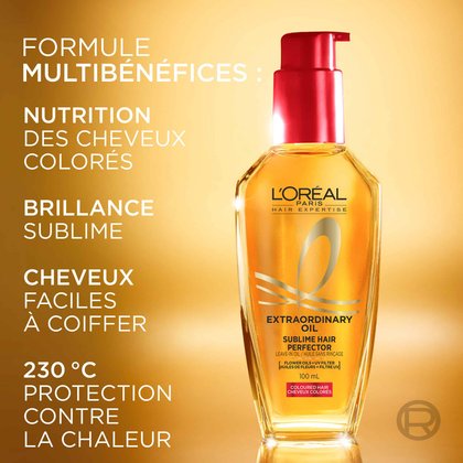 Un plan rapproché du flacon doré de L'Oréal Paris Huile Extraordinaire. À gauche, un texte blanc décrit la « Formule multi-usages : Nutrition pour cheveux colorés, brillance sublime, maniabilité parfaite, protection thermique 230 °C ».