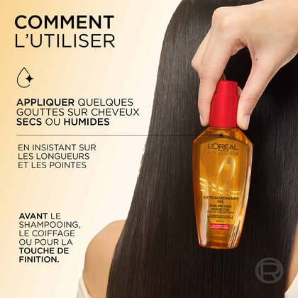 Une main tenant le flacon de L'Oréal Paris Huile Extraordinaire contre des cheveux foncés, lisses et brillants. À gauche, un guide d'utilisation indique « Appliquer quelques gouttes sur cheveux humides ou secs, insister sur les longueurs et les pointes, avant le coiffage ou en touche finale ».