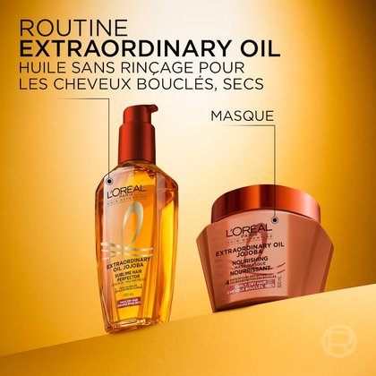 La routine L'Oréal Paris Huile Extraordinaire présentant le flacon d'huile sans rinçage de Jojoba doré à côté d'un pot de masque capillaire marron et doré. L'en-tête indique « Routine Extraordinary Oil : Huile sans rinçage pour cheveux bouclés et secs ».