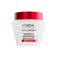 Un plan de studio du pot blanc de L'Oréal Paris Hair Expertise Masque de Sauvetage Total Repair 5 sur fond blanc, muni d'un couvercle rouge brillant.