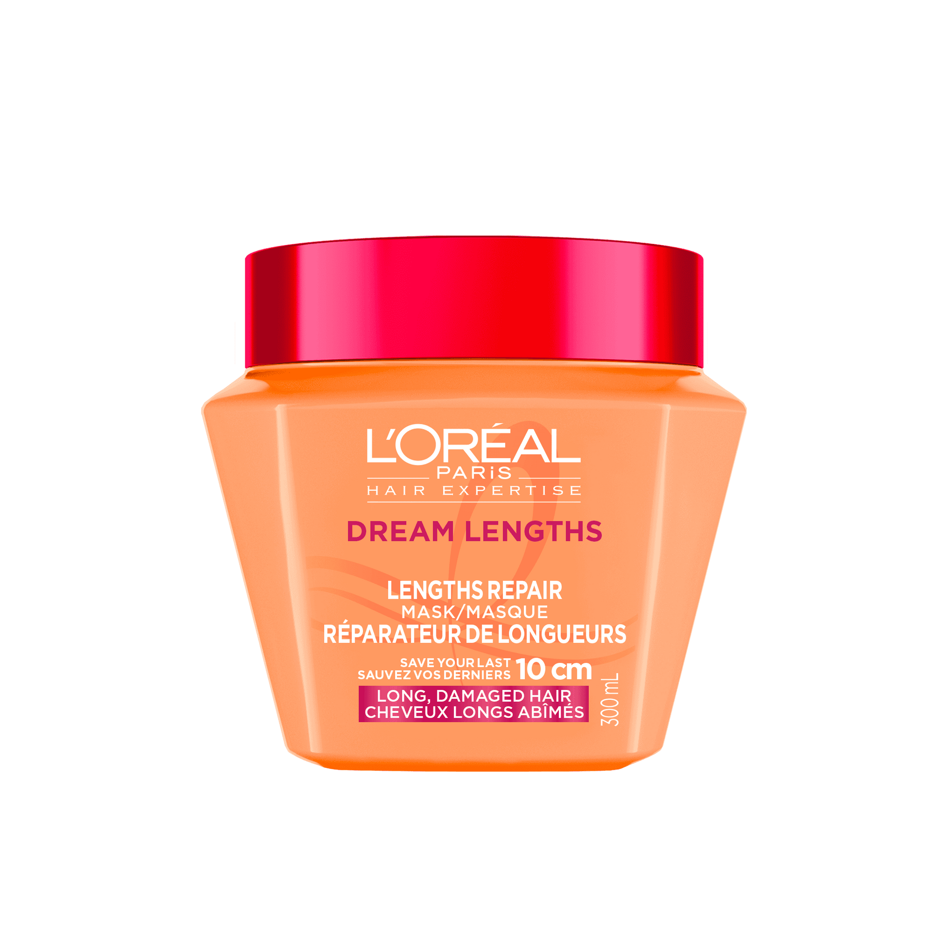 A studio shot of the orange jar of L'Oréal Paris Hair Expertise Dream Lengths Lengths Repair Hair Mask on a white background, featuring a pink lid.