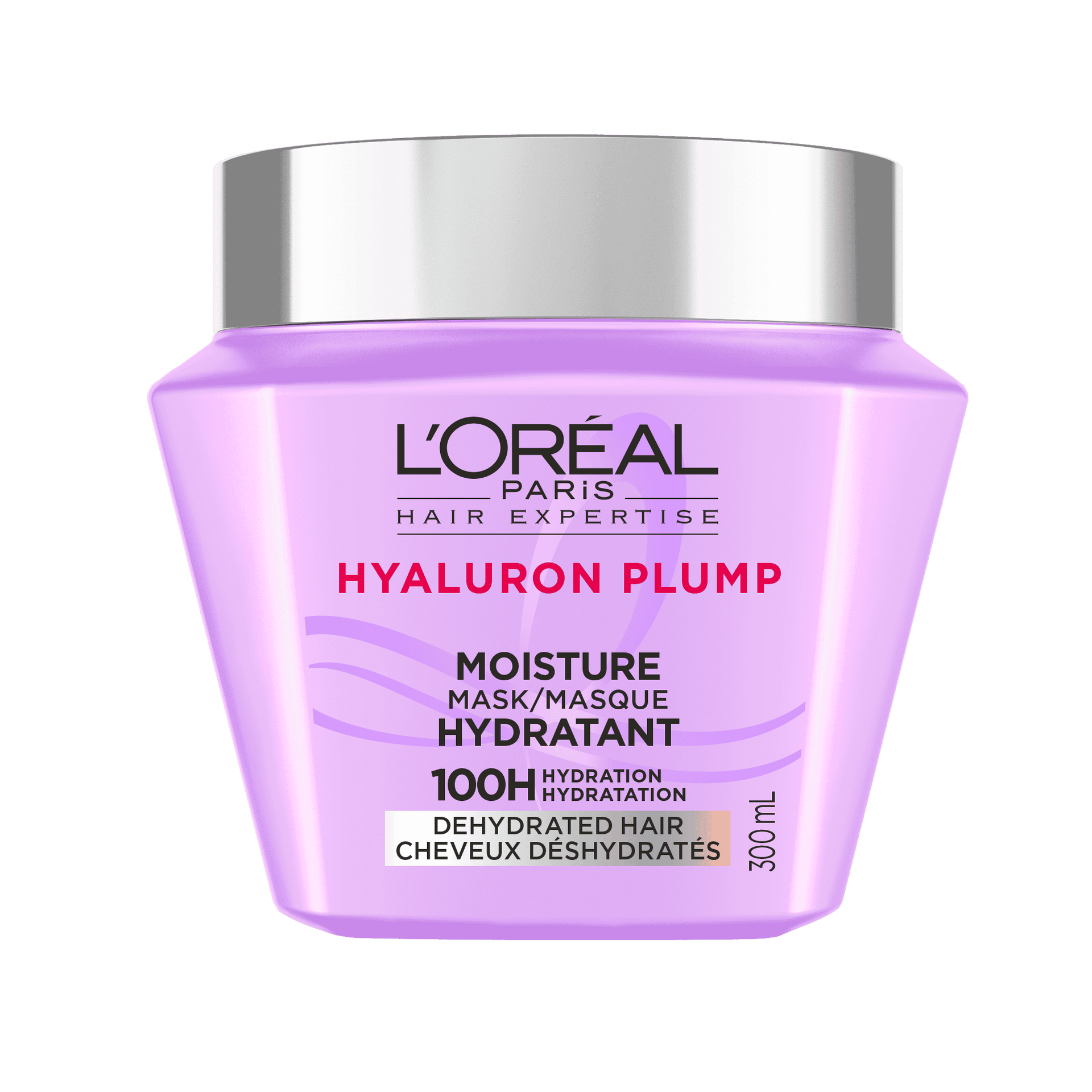 Un plan de studio du pot violet de L'Oréal Paris Hair Expertise Masque Hydratant Hyaluron Plump sur fond blanc, muni d'un couvercle argenté brillant.