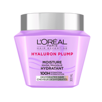 Un plan de studio du pot violet de L'Oréal Paris Hair Expertise Masque Hydratant Hyaluron Plump sur fond blanc, muni d'un couvercle argenté brillant.