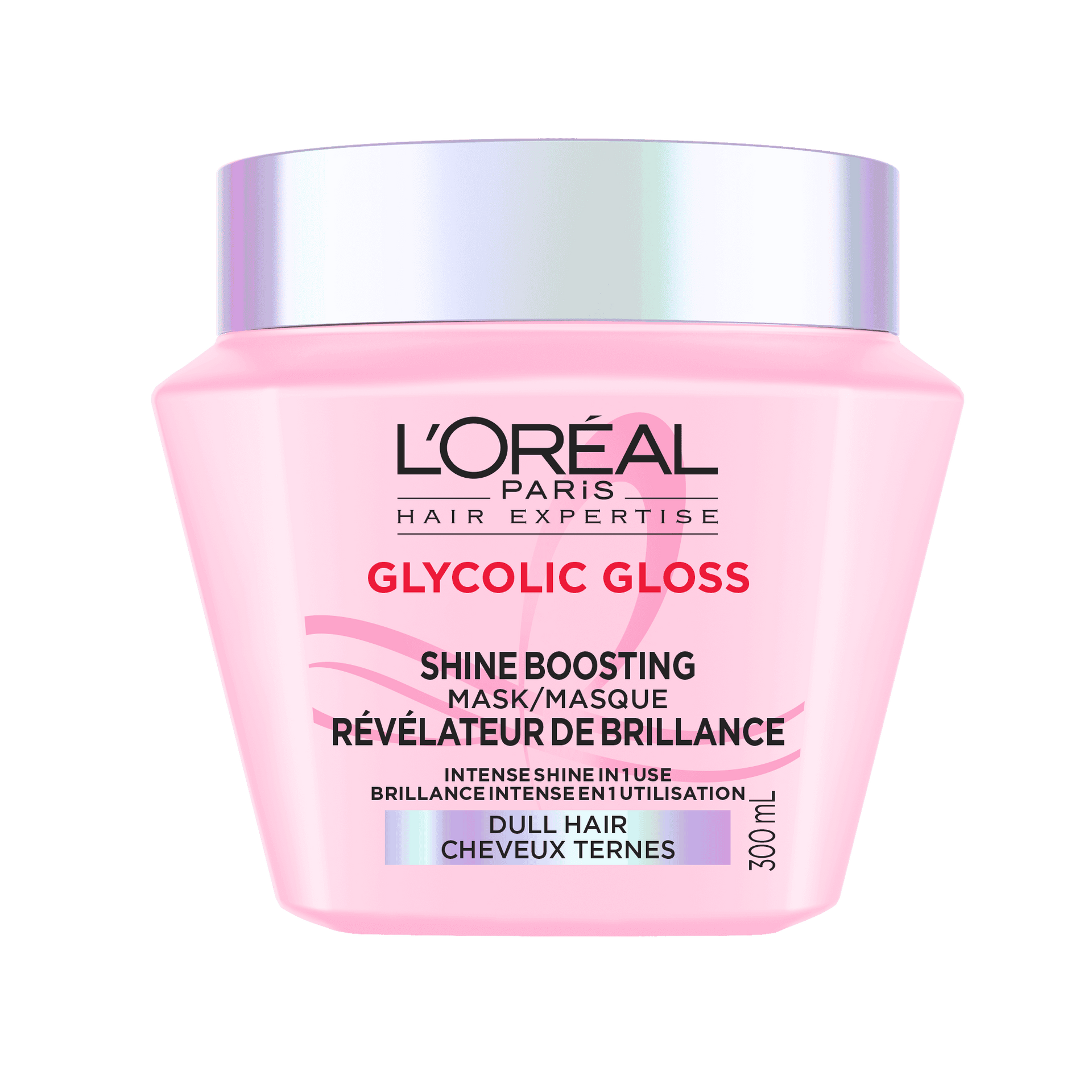 Un plan de studio du pot rose de L'Oréal Paris Hair Expertise Glycolic Gloss Masque Amplificateur de Brillance sur fond blanc, muni d'un couvercle argenté brillant.