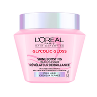 Un plan de studio du pot rose de L'Oréal Paris Hair Expertise Glycolic Gloss Masque Amplificateur de Brillance sur fond blanc, muni d'un couvercle argenté brillant.
