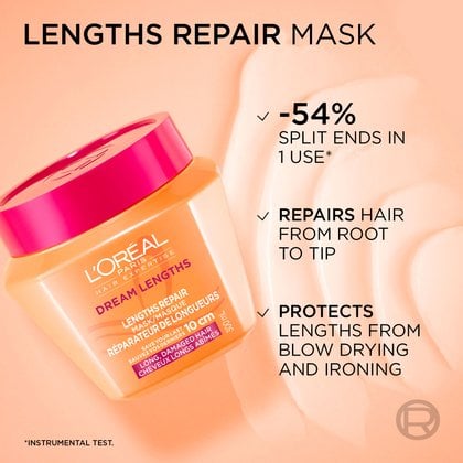 Close-up of the L'Oréal Paris Dream Lengths hair mask on a smooth, wavy orange cream background. Text highlights: "Lengths Repair Mask: -54% split ends in 1 use, repairs hair from body to tip, protects lengths from blow-drying and ironing".