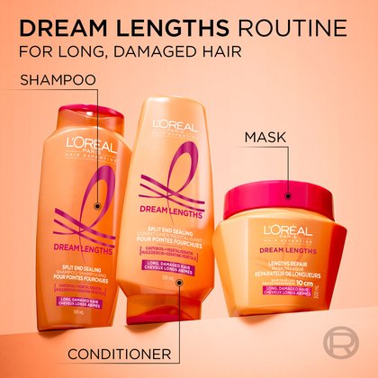 The complete L'Oréal Paris Dream Lengths routine for long, damaged hair on a split-tone background, featuring the shampoo, conditioner, and lengths repair hair mask.
