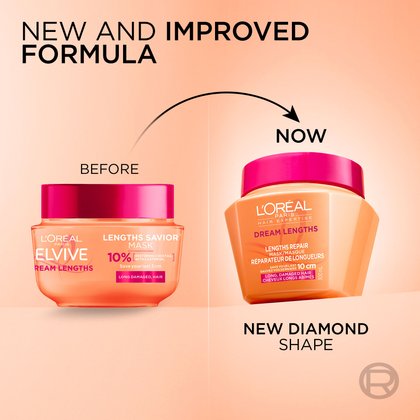 Comparison illustration showing the "New and improved formula" transition of the L'Oréal Paris Dream Lengths hair mask, displaying the older round pink and orange jar alongside the new sleek diamond-shaped orange jar.