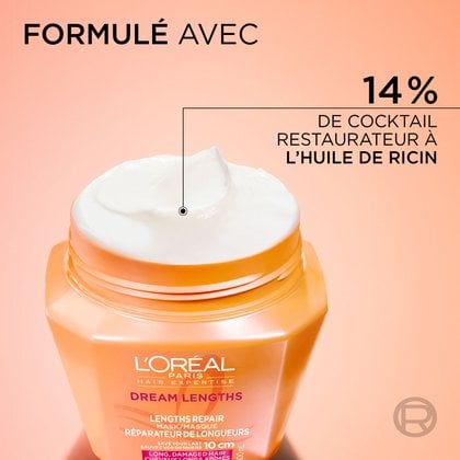 Gros plan du pot de masque de longueurs L'Oréal Paris Dream Lengths ouvert révélant une crème blanche et onctueuse. Le texte indique : « Formulé avec un cocktail réparateur de 14 % à l'huile de ricin ».