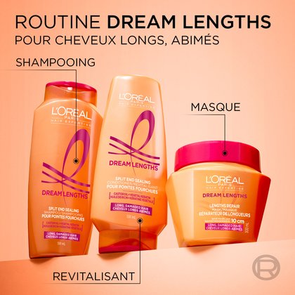 La routine complète L'Oréal Paris Dream Lengths pour cheveux longs et abîmés présentée sur un fond bicolore, affichant le shampoing, le revitalisant et le masque de réparation des longueurs.