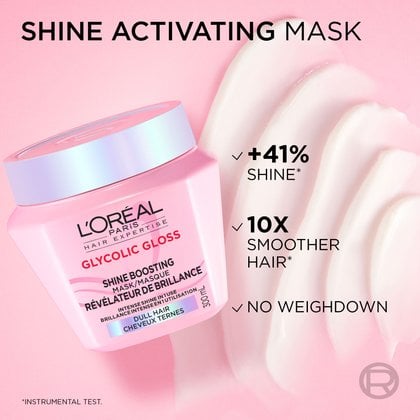 Close-up of the L'Oréal Paris Glycolic Gloss hair mask on a smooth, wavy pink cream background. Text highlights: "Shine Activating Mask: +41% shine, 10x smoother hair, no weighdown".