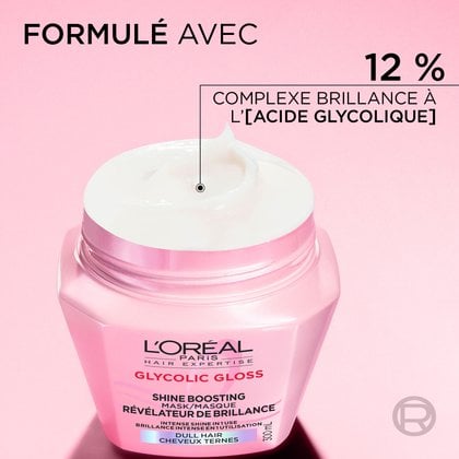 Gros plan du pot de masque ouvert L'Oréal Paris Glycolic Gloss révélant une crème blanche et onctueuse. Le texte indique : « Formulé avec un complexe gloss de 12 % à l'acide glycolique ».