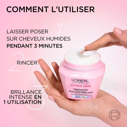 Des mains tenant le pot de masque rose et prélevant de la crème blanche. À gauche, les étapes d'utilisation indiquent : « Mode d'emploi : Appliquer sur cheveux mouillés pendant 3 minutes, rincer, brillance intense dès la première utilisation ».