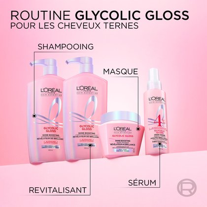 La routine complète L'Oréal Paris Glycolic Gloss pour cheveux ternes présentée sur un fond rose, affichant le shampoing, le revitalisant, le masque amplificateur de brillance et le sérum.