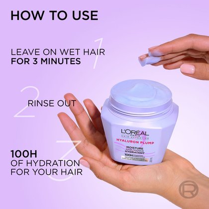 Hands holding the purple hair mask jar and taking a scoop of white cream. On the left, step-by-step instructions read: "How to use: Leave on wet hair for 2-3 minutes, rinse out, 100H of hydration for your hair".