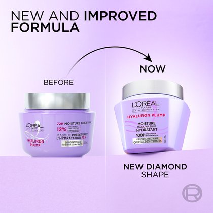 Comparison illustration showing the "New and improved formula" transition of the L'Oréal Paris Hyaluron Plump hair mask, displaying the older round silver and purple jar alongside the new sleek diamond-shaped purple jar.