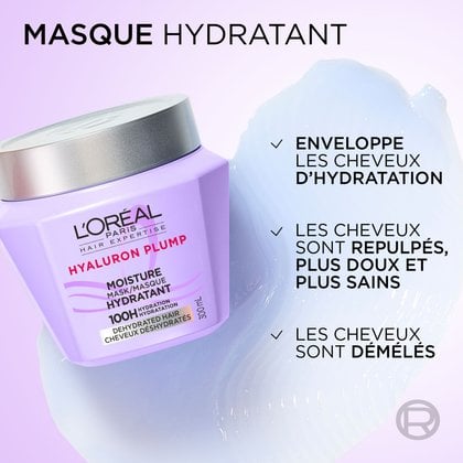 Gros plan du pot de masque L'Oréal Paris Hyaluron Plump sur un fond de crème violet ondulé et lisse. Le texte indique : « Masque Hydratant : Enveloppe les cheveux d'hydratation, cheveux repulpés, plus doux, d'apparence saine, facilite le démêlage ».