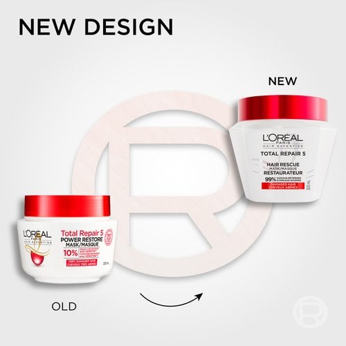 Comparison illustration showing the "New design" transition of the L'Oréal Paris Total Repair 5 hair mask, displaying the older round white jar alongside the new sleek diamond-shaped white jar with a red lid.