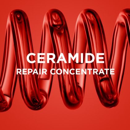 Close-up of a glossy, metallic red spiraling coil representing hair fiber. Text overlays: "Ceramide Repair Concentrate".