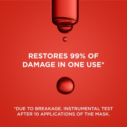 A single drop of liquid dripping from a pipette against a red background. Text overlays: "Restores 99% of damage in one use. *Due to breakage, instrumental test after 10 applications of the mask."