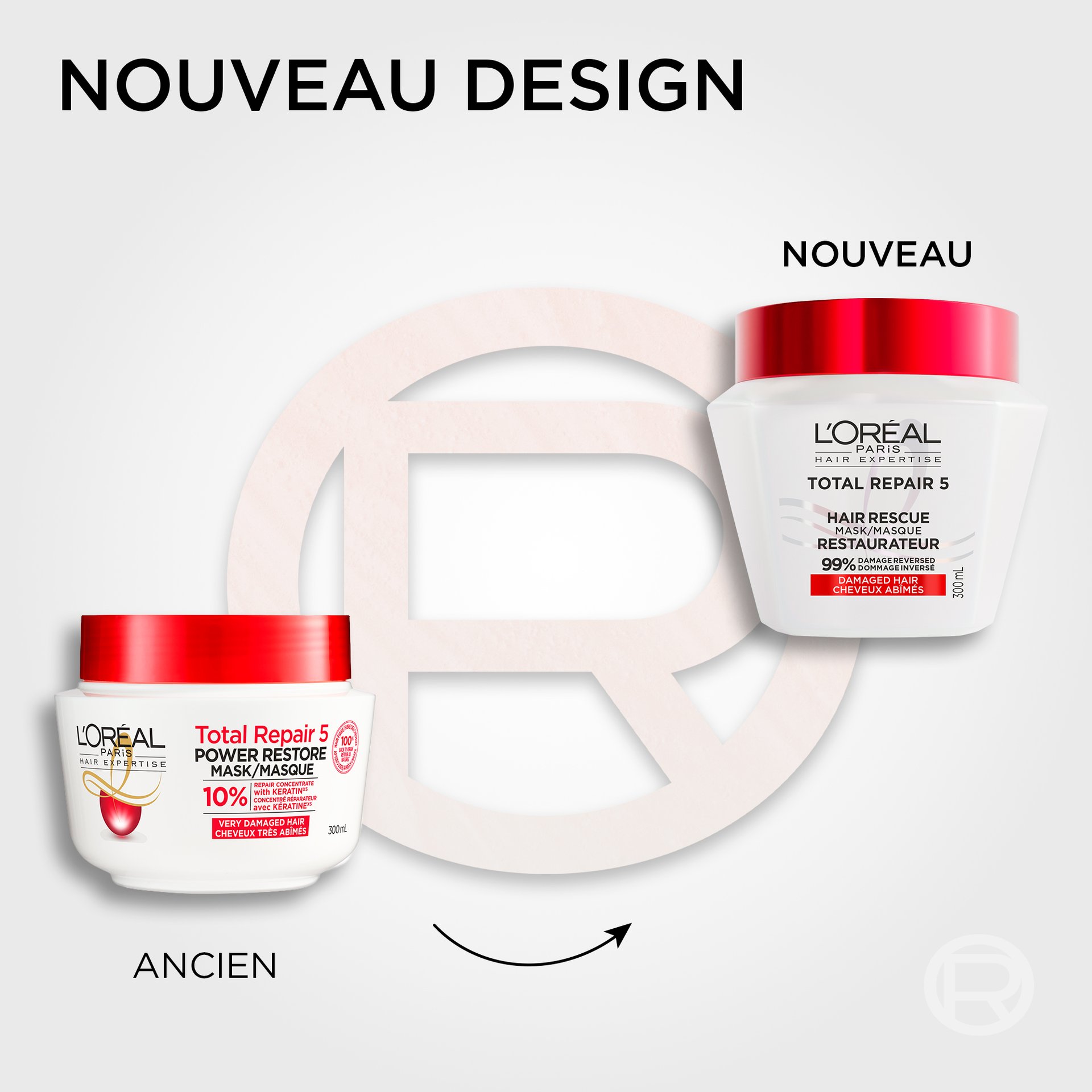 Illustration comparative montrant le passage au « Nouveau design » du masque L'Oréal Paris Total Repair 5, affichant l'ancien pot rond blanc à côté du nouveau pot élégant blanc de forme diamant avec couvercle rouge.