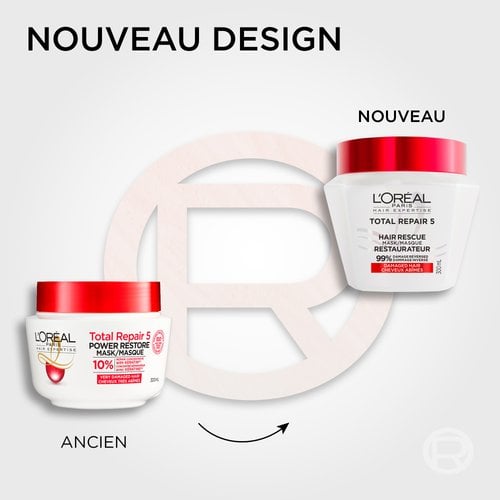 Illustration comparative montrant le passage au « Nouveau design » du masque L'Oréal Paris Total Repair 5, affichant l'ancien pot rond blanc à côté du nouveau pot élégant blanc de forme diamant avec couvercle rouge.