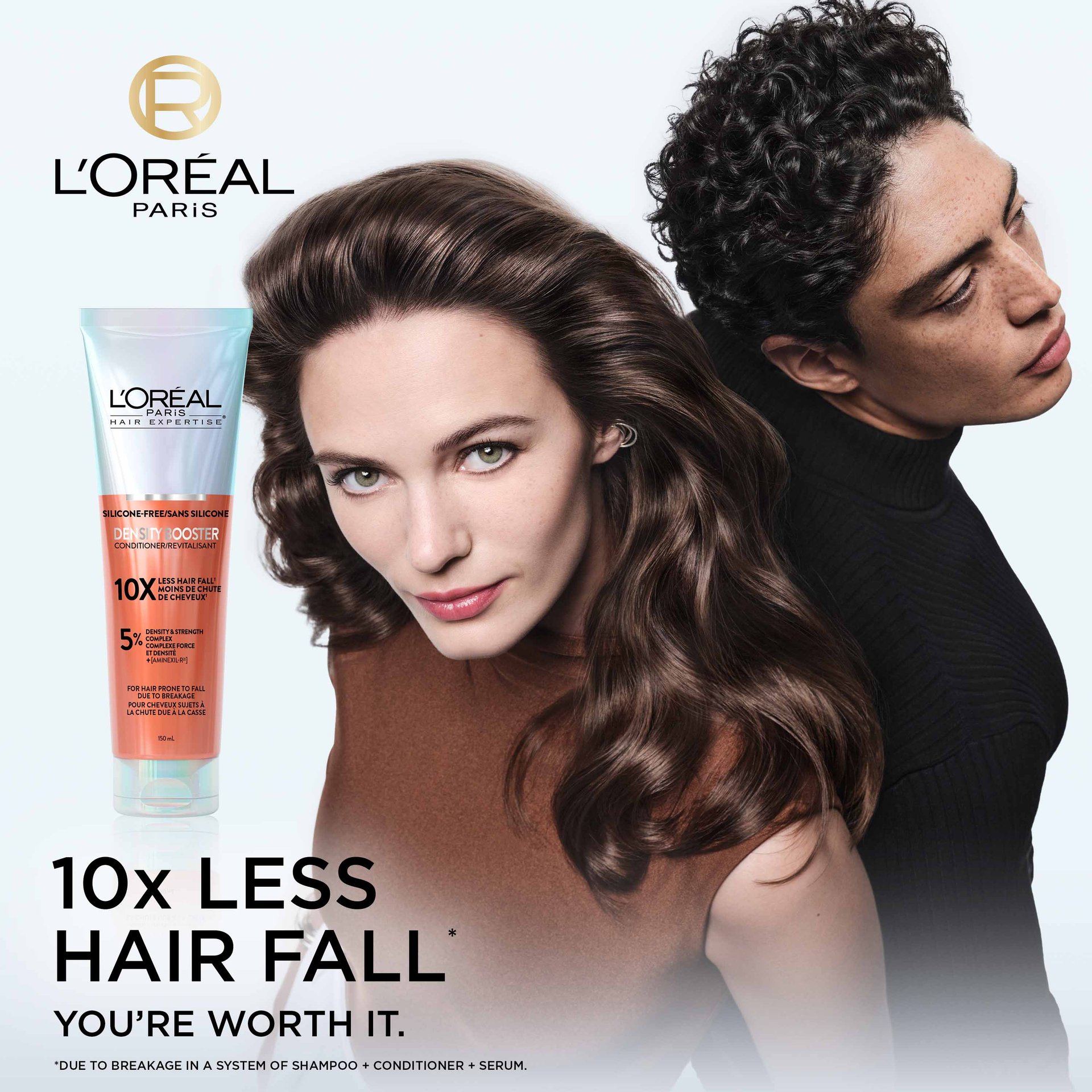 one woman and one man with long, dense hair with density booster shampoo for 10 times less hair loss