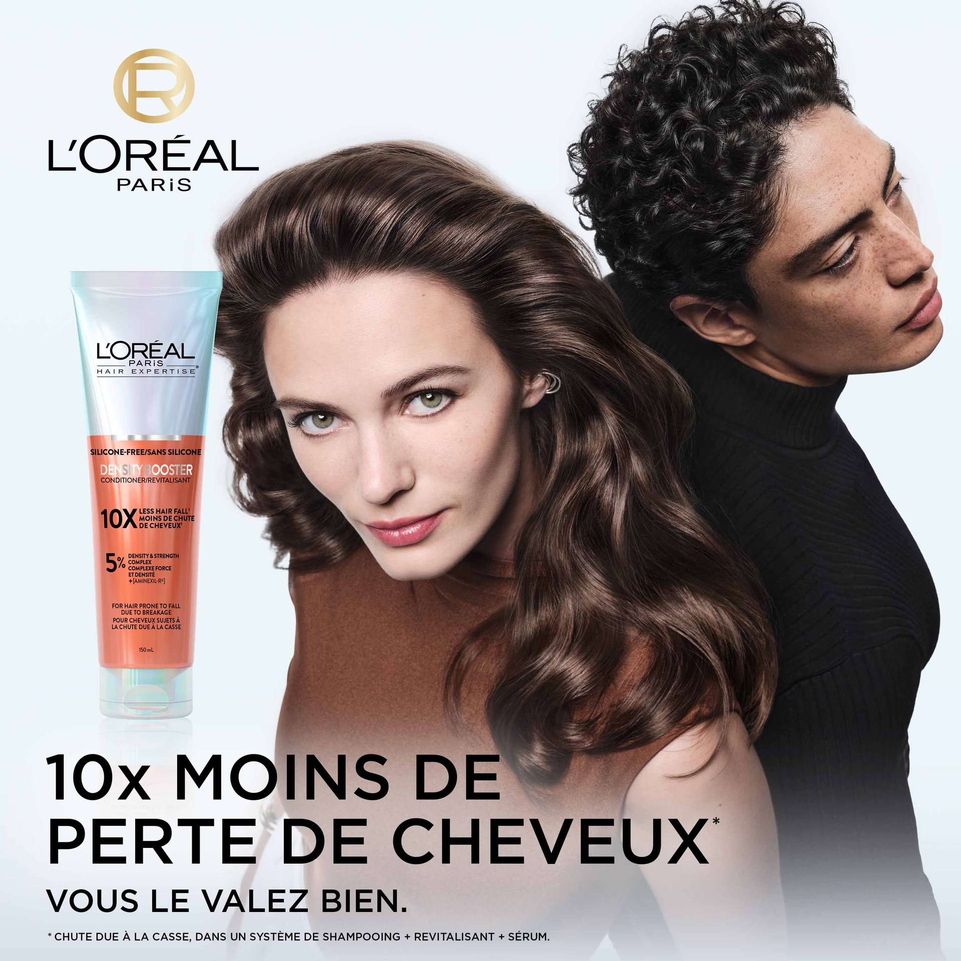 une femme et un homme avec des longs et dense cheveux avec le revitalisant density booster pour 10 fois moins de perte de cheveux