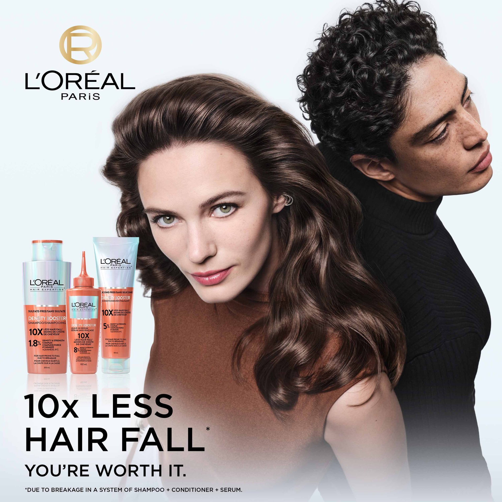 a woman and a man with long, dense hair with sahmpo, conditioner and density booster serum for 10 times less hair loss