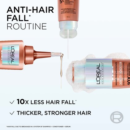 1 shampoo, 1 conditioner and 1 Density Booster serum for 10 times less hair loss for stronger, thicker hair.