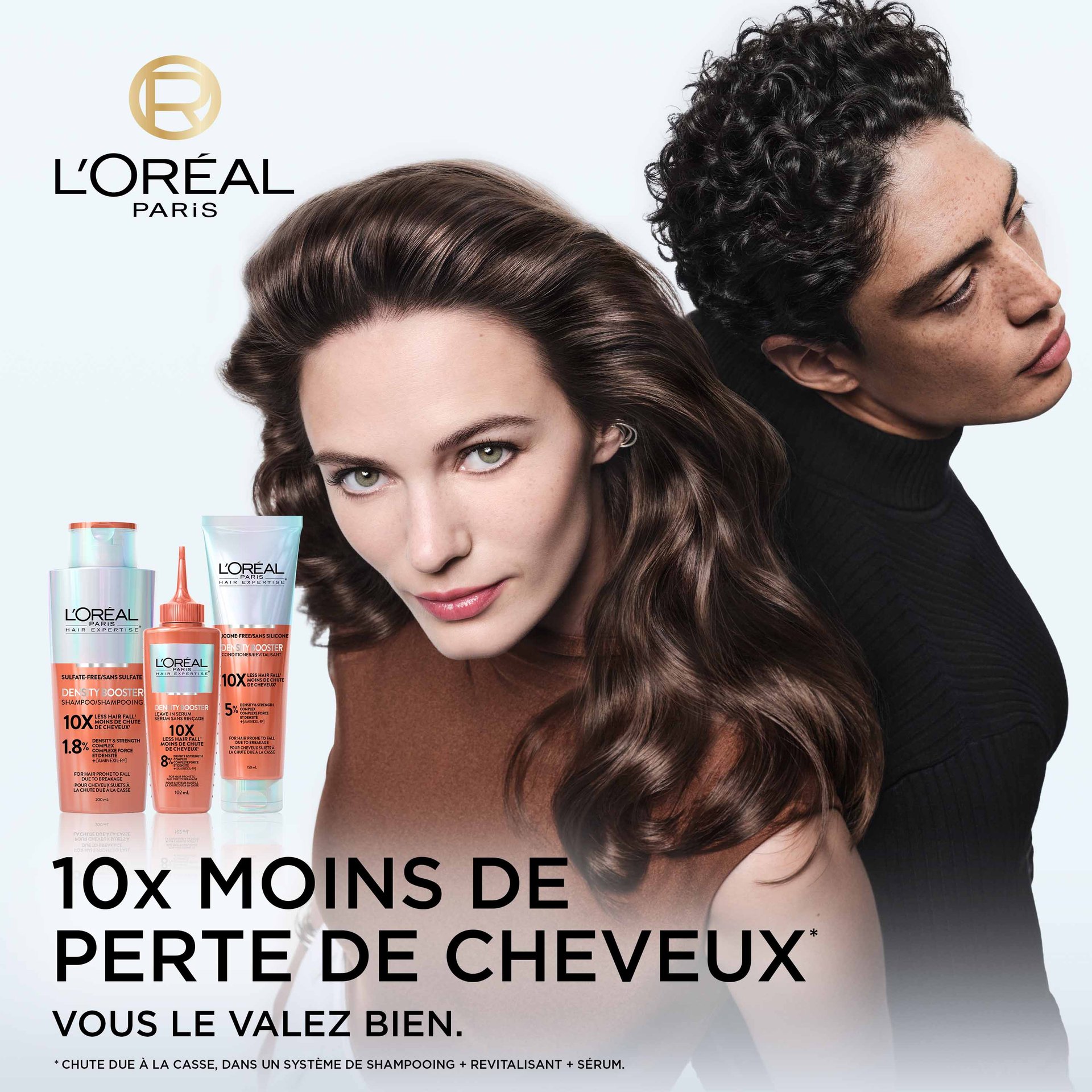 une femme et un homme avec des longs et dense cheveux avec le shampoing, le revitalisant et le sérum density booster pour 10 fois moins de perte de cheveux