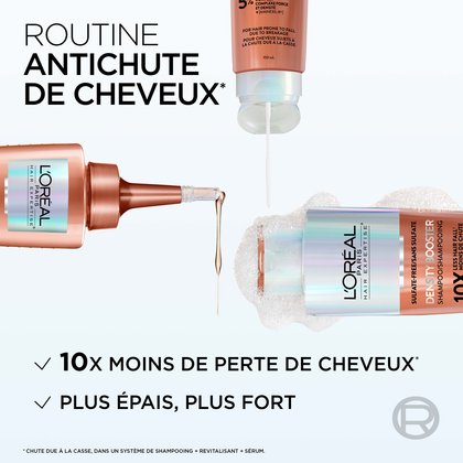1 shampooing, 1 revitalisant et 1 sérum Density Booster pour 10 fois moins de perte de cheveux pour des cheveux plus forts et plus épais.