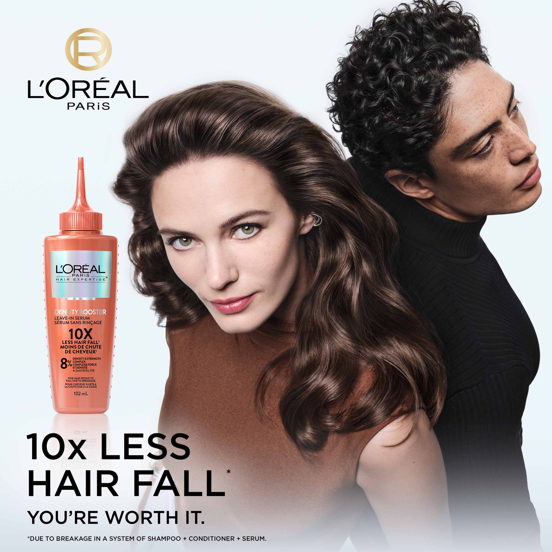 one woman and one man with long, dense hair with density booster serum for 10 times less hair loss