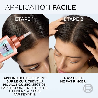 Une femme qui s'applique facilement le sérum density booster au centre des cheveux.