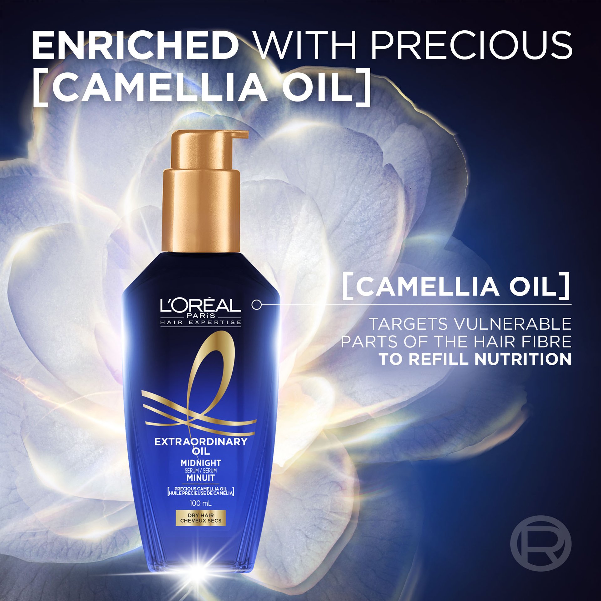The deep blue bottle of L'Oréal Paris Midnight Hair Serum set against a dark blue background with a glowing white camellia flower in the background. On the right, the text reads: "Enriched with precious [camellia oil], helps maintain moisture of dry hair to reveal nutrition".