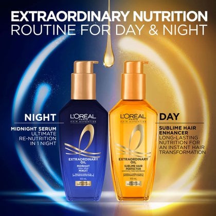 A split-screen visual displaying the L'Oréal Paris Extraordinary Oil Day and Night Routine. The deep blue Midnight Serum bottle is on the left under "Night: Midnight Serum", and the gold Sublime Hair Perfector bottle is on the right under "Day: Sublime Hair Perfector".
