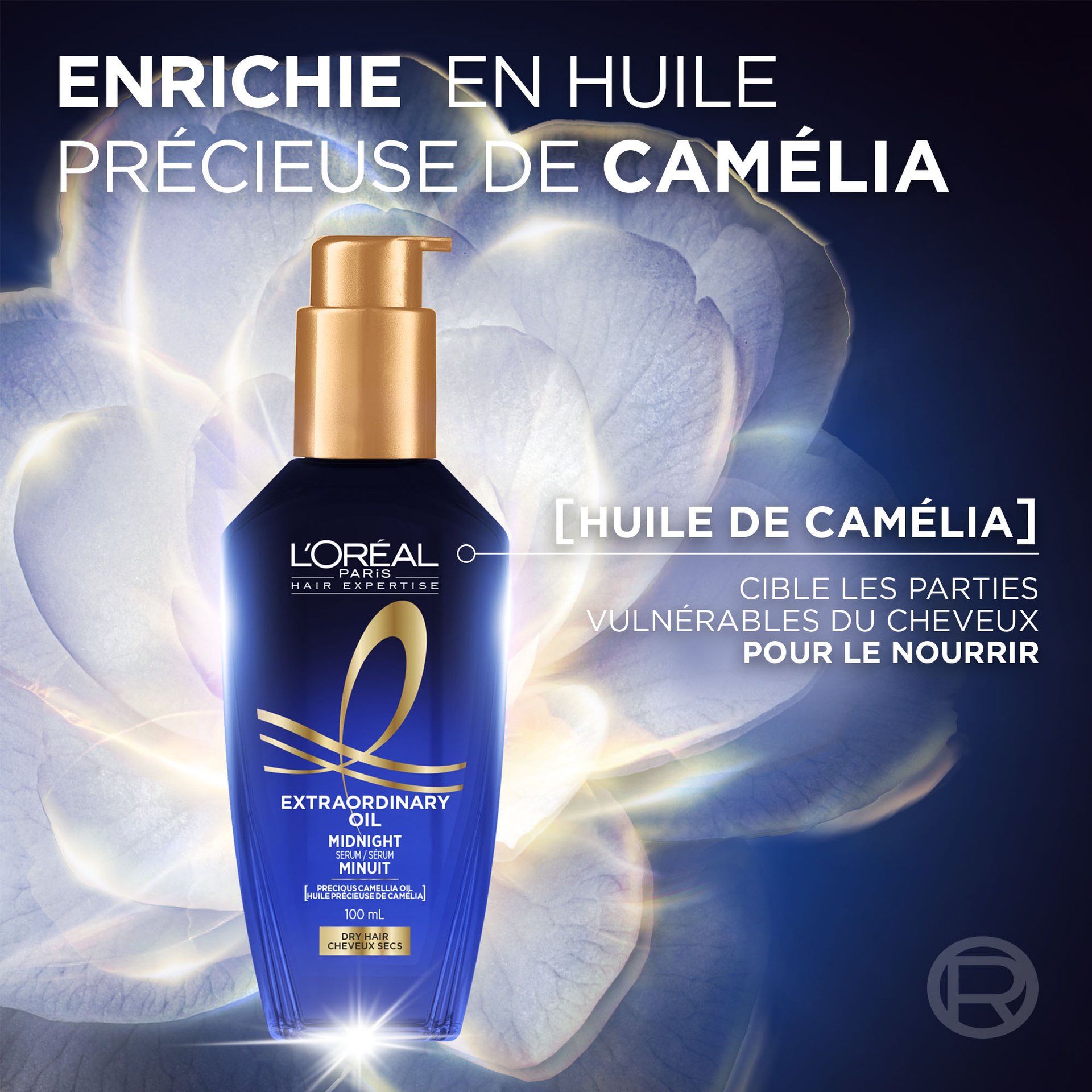 Le flacon bleu de L'Oréal Paris Sérum Nuit sur fond bleu nuit avec une fleur de camélia blanche et lumineuse en arrière-plan. À droite, le texte indique : « Enrichi en huile de camélia précieuse, aide à maintenir l'hydratation des cheveux secs pour révéler la nutrition ».