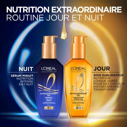 Un visuel présentant la routine jour et nuit L'Oréal Paris Extraordinary Oil. Le flacon bleu du Sérum Nuit s'affiche à gauche sous la mention « Nuit : Sérum de Nuit », et le flacon doré Sublime Hair Perfector s'affiche à droite sous la mention « Jour : Perfecteur de Cheveux ».