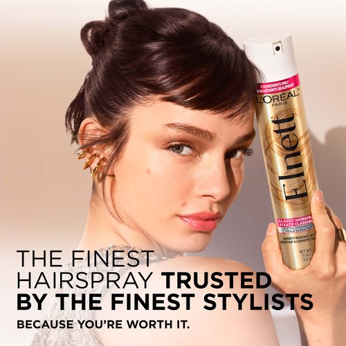 A women with a blowout and a Elnett hair spray