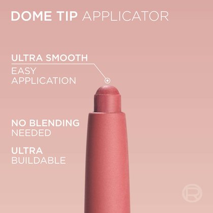 A close-up image of the 'DOME TIP APPLICATOR' of a L'Oréal Blurfiller Blurring Lip Contour pencil in a rosy-pink shade, set against a soft pink background. Text surrounding the applicator highlights its features: 'ULTRA SMOOTH', 'EASY APPLICATION', 'NO BLENDING NEEDED', and 'ULTRA BUILDABLE