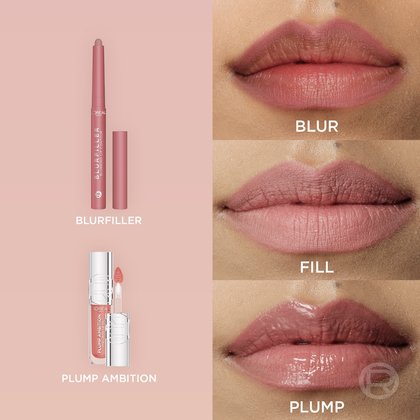 A two-sided image on a soft pink background, illustrating L'Oréal lip products and their benefits. On the left, a L'Oréal Blurfiller Blurring Lip Contour pencil in a rosy-pink shade is displayed and labeled 'BLURFILLER'. Below it, a L'Oréal Plump Ambition lip gloss tube with its applicator is shown, labeled 'PLUMP AMBITION'. The right side features three close-up images of lips, each demonstrating a different effect: 'BLUR' shows a softly diffused lip line, 'FILL' displays smooth and evenly colored lips, and 'PLUMP' presents glossy, enhanced lips