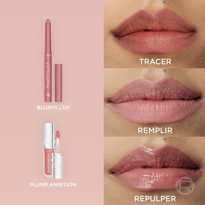 Une image divisée en deux parties sur un fond rose doux, illustrant les produits pour les lèvres L'Oréal et leurs bénéfices. Sur la gauche, un crayon L'Oréal Blurfiller Blurring Lip Contour d'une teinte rose-rosé est affiché et étiqueté 'BLURFILLER'. En dessous, un tube de gloss L'Oréal Plump Ambition avec son applicateur est montré, étiqueté 'PLUMP AMBITION'. La partie droite présente trois gros plans de lèvres, chacun démontrant un effet différent : 'BLUR' montre un contour des lèvres doucement estompé, 'FILL' affiche des lèvres lisses et uniformément colorées, et 'PLUMP' présente des lèvres brillantes et amplifiées