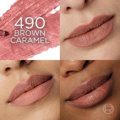 A four-panel image featuring L'Oréal's '490 Brown Caramel' lip product. The top-left panel displays a textured swatch of a warm, medium brown-caramel shade with the text '490 BROWN CARAMEL'. The other three panels are close-up views of models' lips wearing the 'Brown Caramel' lip shade, illustrating how it appears on different skin tones, from fair to dark