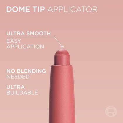 A close-up image of the 'DOME TIP APPLICATOR' of a L'Oréal Blurfiller Blurring Lip Contour pencil in a rosy-pink shade, set against a soft pink background. Text surrounding the applicator highlights its features: 'ULTRA SMOOTH', 'EASY APPLICATION', 'NO BLENDING NEEDED', and 'ULTRA BUILDABLE