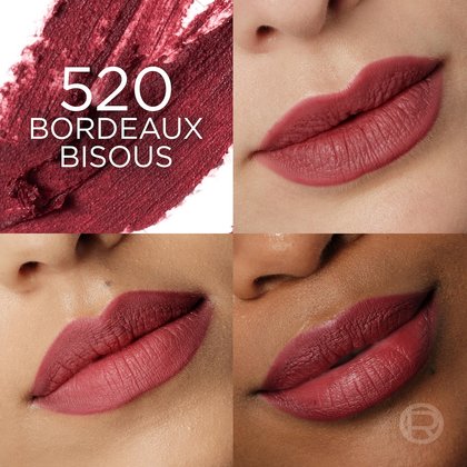 A four-panel image showcasing L'Oréal's '520 Bordeaux Bisous' lip product. The top-left panel features a textured swatch of a deep, rich berry or burgundy shade with the text '520 BORDEAUX BISOUS'. The other three panels are close-up views of models' lips wearing the 'Bordeaux Bisous' lip shade, illustrating how it appears on different skin tones, from fair to dark.